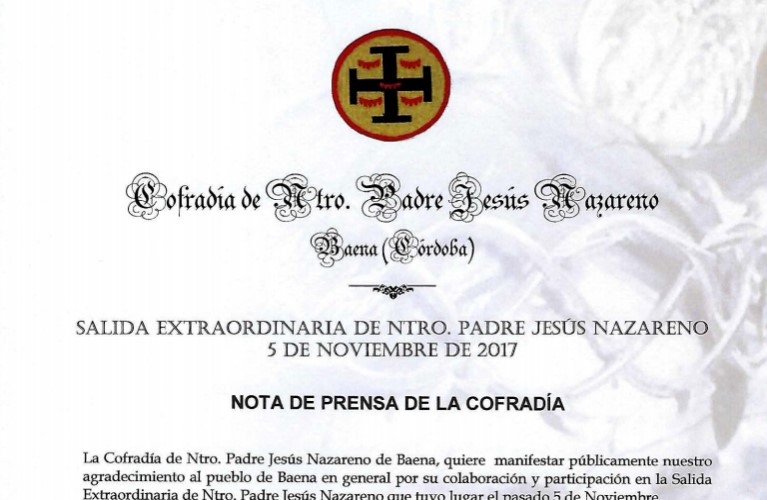 Nota de Prensa Cofradía de Ntro. Padre Jesús Nazareno